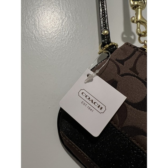 Coach Corner Zip Wristlet in Signature Canvas w/ Stripe in Walnut/Black NWT $58 - Picture 7 of 8